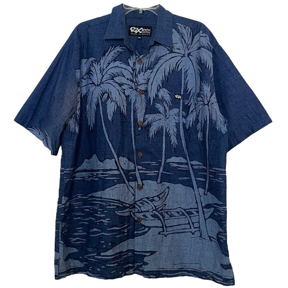 Rix Aloha Shirt Island Scene Made in Hawaii Short Sleeve Button Up Tiki Men’s XL